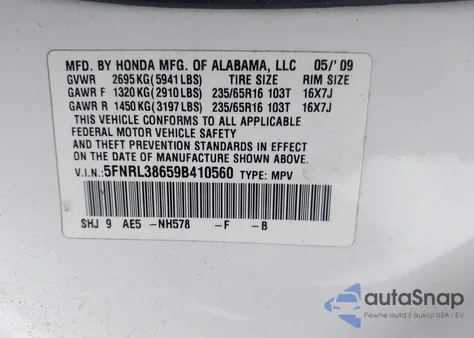 2009 Honda Odyssey Ex-L from USA, damaged, VIN 5FNRL38659B410560